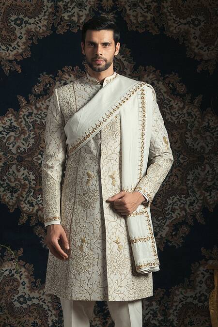 Rachit Khanna White Raw , Cotton Embroidered Sherwani Set Online at Aza Fashions Rachit Khanna_White Raw , Cotton Embroidered Sherwani Set _Online_at_Aza_Fashions