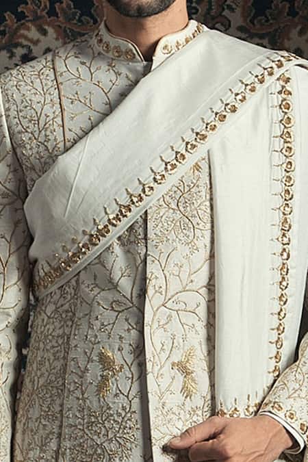 Buy Rachit Khanna White Raw , Cotton Embroidered Sherwani Set Online at Aza Fashions Buy_Rachit Khanna_White Raw , Cotton Embroidered Sherwani Set _Online_at_Aza_Fashions