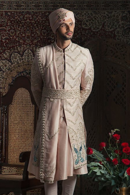 Shop Rachit Khanna Peach Raw Silk Embroidered Sherwani Set at Aza Fashions Shop_Rachit Khanna_Peach Raw Silk Embroidered Sherwani Set _at_Aza_Fashions