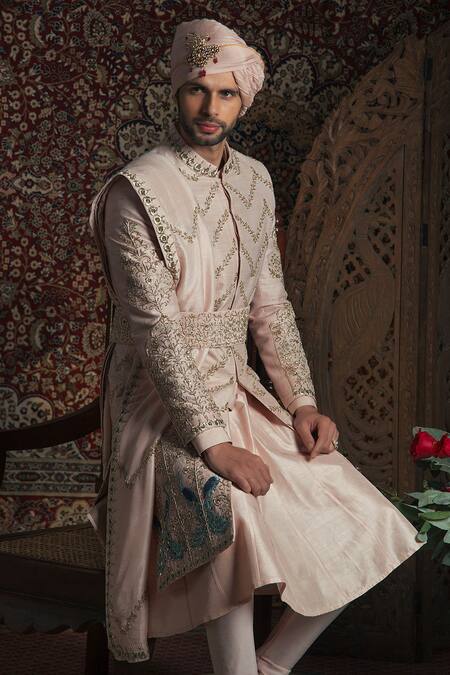 Rachit Khanna Peach Raw Silk Embroidered Sherwani Set Online at Aza Fashions Rachit Khanna_Peach Raw Silk Embroidered Sherwani Set _Online_at_Aza_Fashions