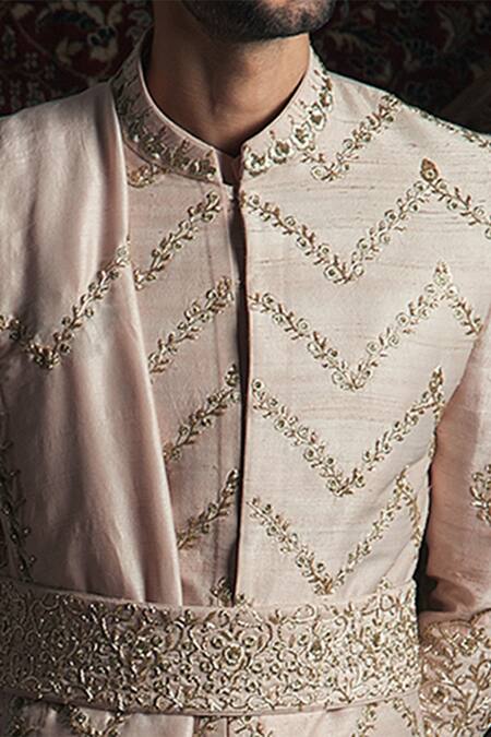 Buy Rachit Khanna Peach Raw Silk Embroidered Sherwani Set Online at Aza Fashions Buy_Rachit Khanna_Peach Raw Silk Embroidered Sherwani Set _Online_at_Aza_Fashions