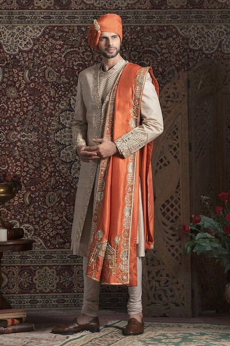 Rachit Khanna Gold Tussar Embroidered Sherwani Set 