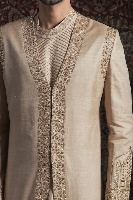Rachit Khanna_Gold Tussar Embroidered Sherwani Set _Online_at_Aza_Fashions