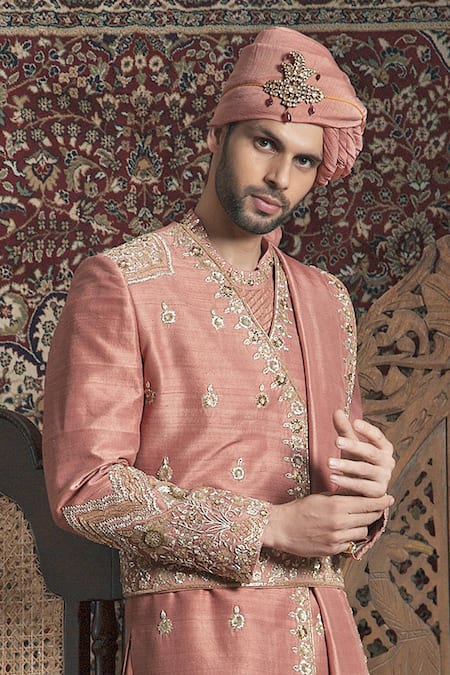 Shop Rachit Khanna Pink Raw Silk Embroidered Sherwani Set at Aza Fashions Shop_Rachit Khanna_Pink Raw Silk Embroidered Sherwani Set _at_Aza_Fashions