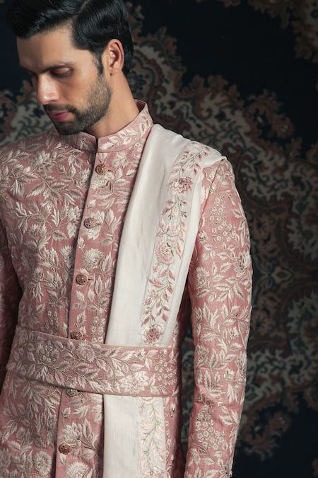 Shop Rachit Khanna Pink Raw Silk Embroidered Sherwani Set at Aza Fashions Shop_Rachit Khanna_Pink Raw Silk Embroidered Sherwani Set _at_Aza_Fashions
