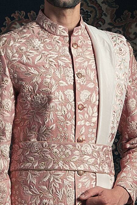 Rachit Khanna Pink Raw Silk Embroidered Sherwani Set Online at Aza Fashions Rachit Khanna_Pink Raw Silk Embroidered Sherwani Set _Online_at_Aza_Fashions