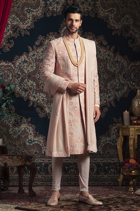 Rachit Khanna Peach Raw Silk Embroidered Sherwani Set 