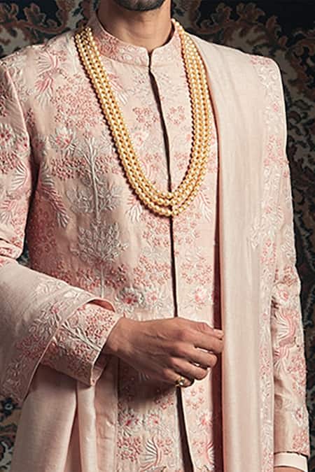 Rachit Khanna Peach Raw Silk Embroidered Sherwani Set Online at Aza Fashions Rachit Khanna_Peach Raw Silk Embroidered Sherwani Set _Online_at_Aza_Fashions