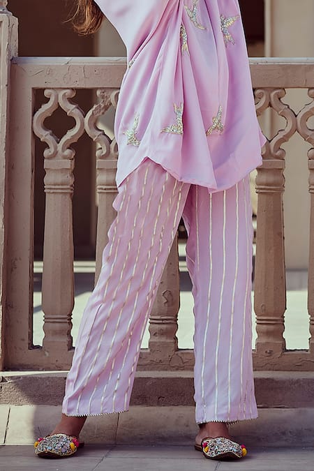 Rajat K Tangri_Purple 100% Crepe Abstract Bird Asymmetic Embroidered Tunic And Pant Set_Online_at_Aza_Fashions