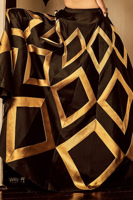 Rajat K Tangri_Black Brocade And Net, Tafetta Beads & Cutdana, Sequin V Woven Kalidar Lehenga Set_Online_at_Aza_Fashions