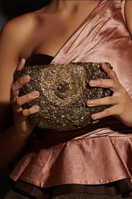 Shop Doux Amour Gold Embroidery, Beads Coco Rose Embellished Sling Bag at Aza Fashions Shop_Doux Amour_Gold Embroidery, Beads Coco Rose Embellished Sling Bag _at_Aza_Fashions