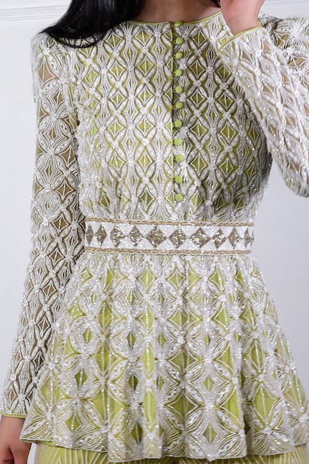 Buy_Ritika Mirchandani_Green Crepe Silk Round Embroidered Peplum Kurta And Sharara Set  _Online_at_Aza_Fashions