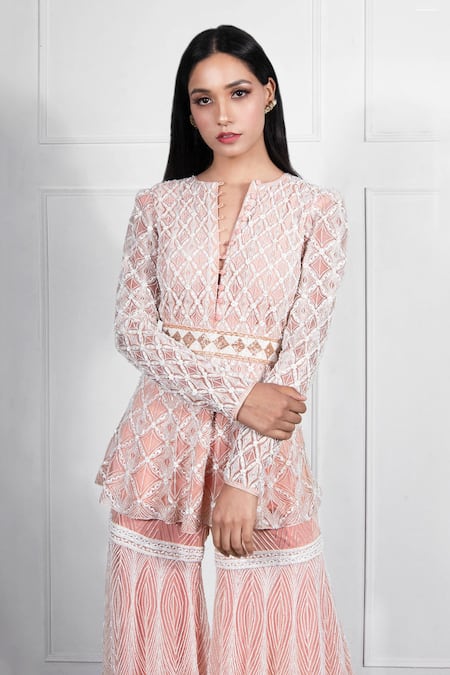 Ritika Mirchandani_Green Crepe Silk Round Embroidered Peplum Kurta And Sharara Set  _Online_at_Aza_Fashions