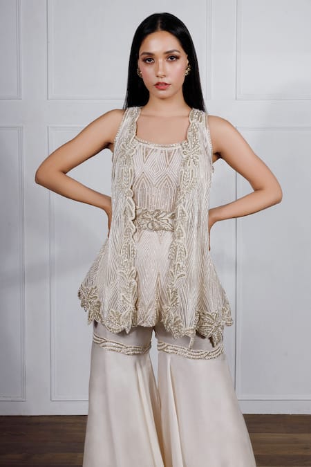 Ritika Mirchandani_White Net, Crepe Silk Kurta Round Jacket Open Embroidered And Sharara Set _Online_at_Aza_Fashions