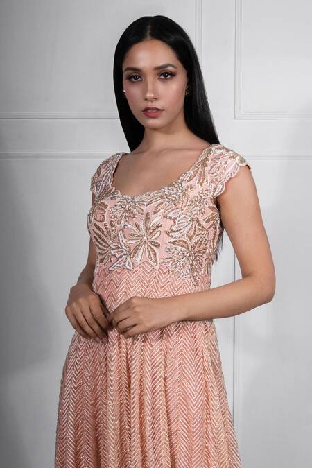 Ritika Mirchandani_Pink Net, Crepe Silk Leaf Neck Embroidered Anarkali With Dupatta _Online_at_Aza_Fashions