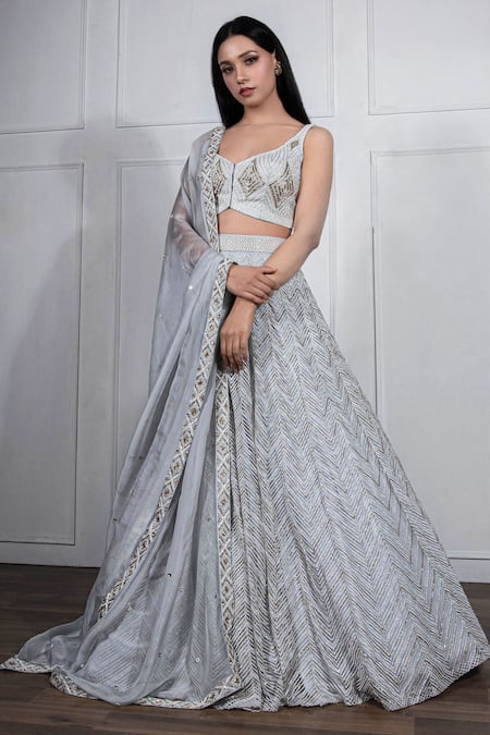 Grey and Steel Embellished Sequinned Semi stitched Lehenga and Unstitched  Blouse With Dupatta - ShopGarb - 3762872