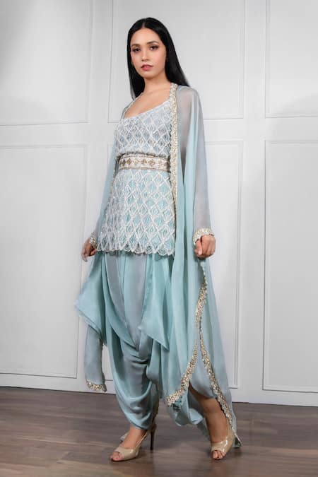 Ritika Mirchandani_Blue Net, Crepe Silk Round Embroidered Kurta And Dhoti Pant Set _Online_at_Aza_Fashions