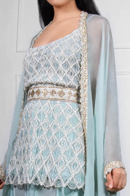 Buy_Ritika Mirchandani_Blue Net, Crepe Silk Round Embroidered Kurta And Dhoti Pant Set _Online_at_Aza_Fashions