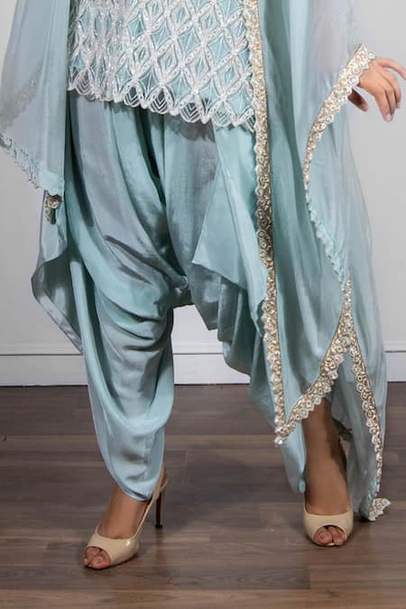 Shop_Ritika Mirchandani_Blue Net, Crepe Silk Round Embroidered Kurta And Dhoti Pant Set _Online_at_Aza_Fashions