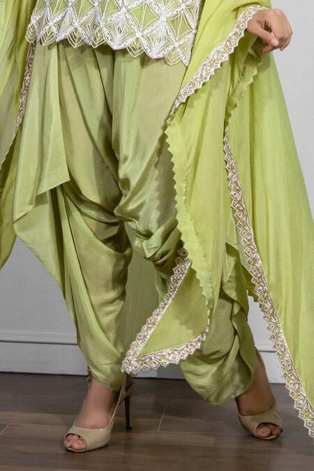Buy_Ritika Mirchandani_Green Net, Crepe Silk Round Embroidered Kurta And Dhoti Pant Set _Online_at_Aza_Fashions
