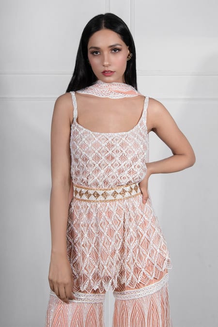 Ritika Mirchandani Peach Net, Crepe Silk Round Embroidered Kurta And Sharara Set Online at Aza Fashions Ritika Mirchandani_Peach Net, Crepe Silk Round Embroidered Kurta And Sharara Set _Online_at_Aza_Fashions