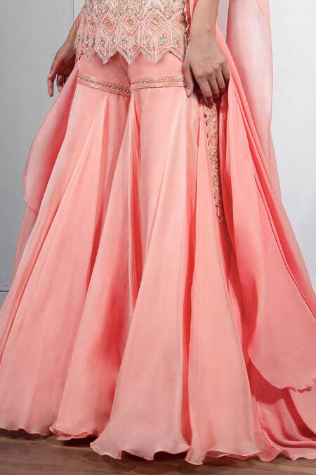 Buy_Ritika Mirchandani_Peach Net, Crepe Silk Kurta Round Jacket Open Embroidered And Sharara Set _Online_at_Aza_Fashions