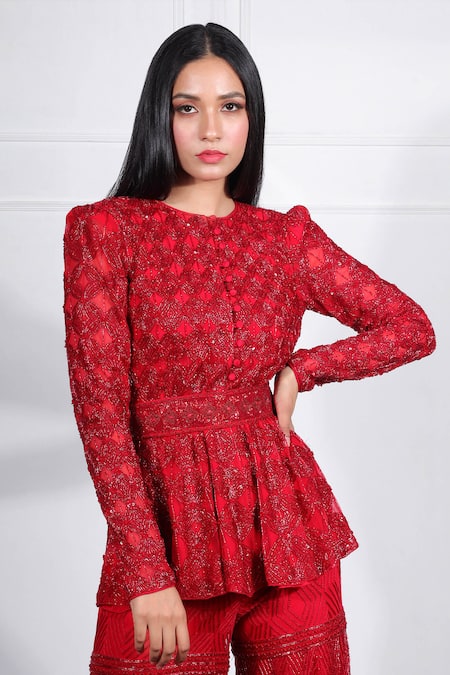 Buy_Ritika Mirchandani_Red Net, Crepe Silk Round Embroidered Kurta And Sharara Set _Online_at_Aza_Fashions