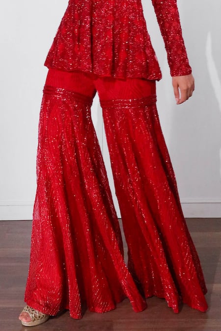 Shop_Ritika Mirchandani_Red Net, Crepe Silk Round Embroidered Kurta And Sharara Set _Online_at_Aza_Fashions