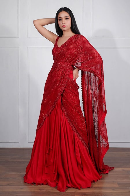 Ritika Mirchandani Red Crepe Silk Leaf Neck Embroidered Lehenga Saree For Women