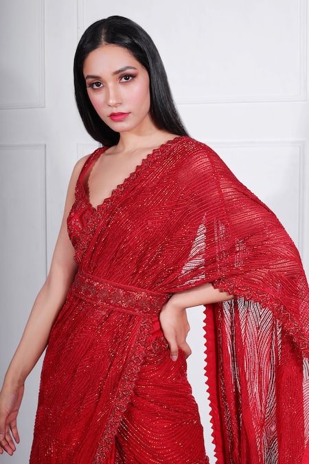 Ritika Mirchandani_Red Net, Crepe Silk Leaf Neck Embroidered Lehenga Saree _Online_at_Aza_Fashions