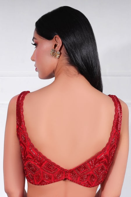 Buy_Ritika Mirchandani_Red Net, Crepe Silk Leaf Neck Embroidered Lehenga Saree _Online_at_Aza_Fashions
