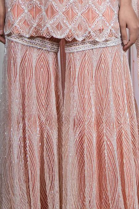 Buy_Ritika Mirchandani_Peach Net, Crepe Silk Round Embroidered Kurta And Sharara Set _Online_at_Aza_Fashions