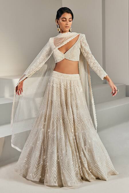 Ritika Mirchandani White Net Embroidered Wed Design V Neck Paola Bridal Lehenga Set Online at Aza Fashions Ritika Mirchandani_White Net Embroidered Wed Design V Neck Paola Bridal Lehenga Set _Online_at_Aza_Fashions