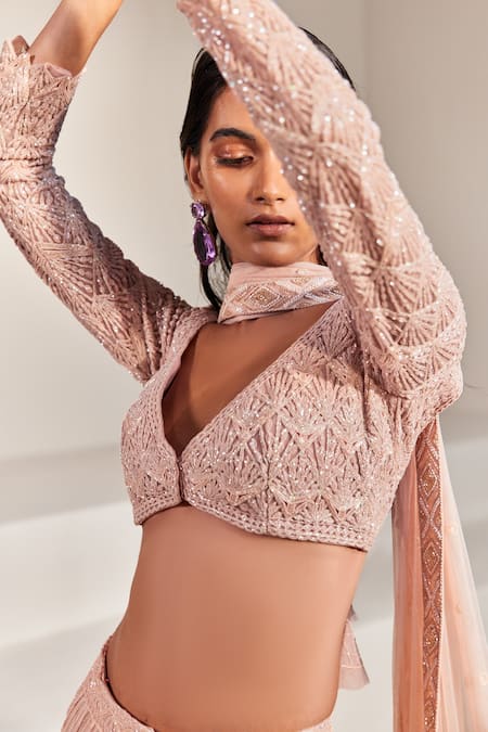 Ritika Mirchandani Pink Net Embroidered Wed Design V Neck Kaz Lehenga Set Online at Aza Fashions Ritika Mirchandani_Pink Net Embroidered Wed Design V Neck Kaz Lehenga Set _Online_at_Aza_Fashions