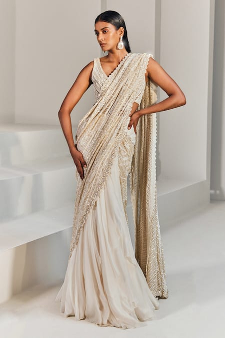 Silk designer lehenga Saree in Cream colour 7306