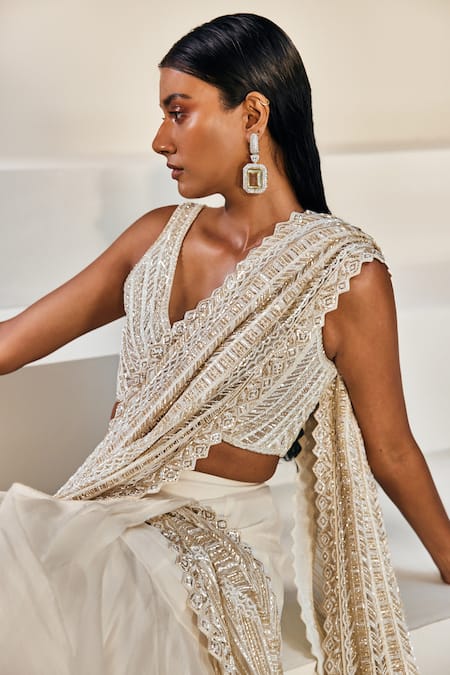 Shop_Ritika Mirchandani_Ivory Embroidered Wed Design V Neck Lehenga Saree With Blouse  _Online_at_Aza_Fashions