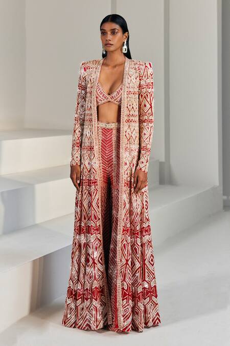 Ritika Mirchandani_Red Net Embroidered Geometric Jacket Open Rory And Sharara Set  _Online_at_Aza_Fashions