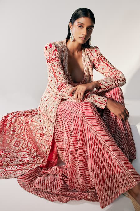 Buy_Ritika Mirchandani_Red Net Embroidered Geometric Jacket Open Rory And Sharara Set  _Online_at_Aza_Fashions