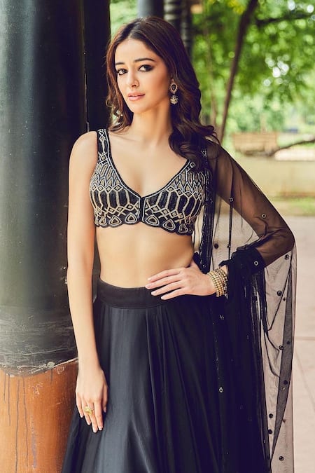 Ritika Mirchandani_Black Organza, Crepe Silk And Net Thread, Bead, Skirt With Embroidered Blouse Set _at_Aza_Fashions
