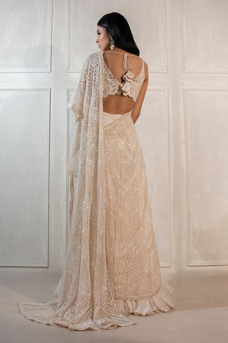 Ritika Mirchandani Gold Resham, Sequin, Thread, Embroidered Pre-draped Lehenga Saree With Blouse Online at Aza Fashions Ritika Mirchandani_Gold Resham, Sequin, Thread, Embroidered Pre-draped Lehenga Saree With Blouse _Online_at_Aza_Fashions