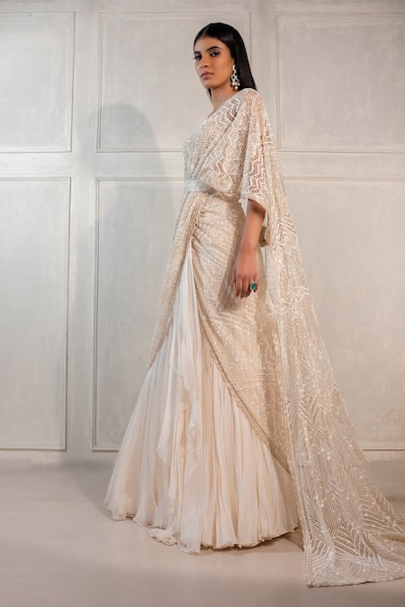 Buy Ritika Mirchandani Gold Resham, Sequin, Thread, Embroidered Pre-draped Lehenga Saree With Blouse Online at Aza Fashions Buy_Ritika Mirchandani_Gold Resham, Sequin, Thread, Embroidered Pre-draped Lehenga Saree With Blouse _Online_at_Aza_Fashions