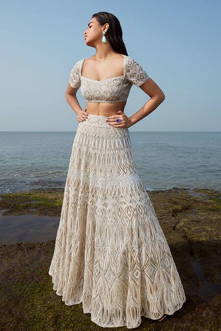 Ritika Mirchandani_Grey Net, Crepe And Georgette Resham, Sequin, Thread, Bead, Dori & Lehenga Set _Online_at_Aza_Fashions