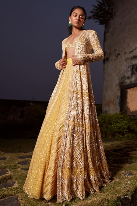 Shop_Ritika Mirchandani_Yellow Net, Crepe And Georgette Resham, Sequin, Thread, Bead, Jacket Lehenga Set _at_Aza_Fashions