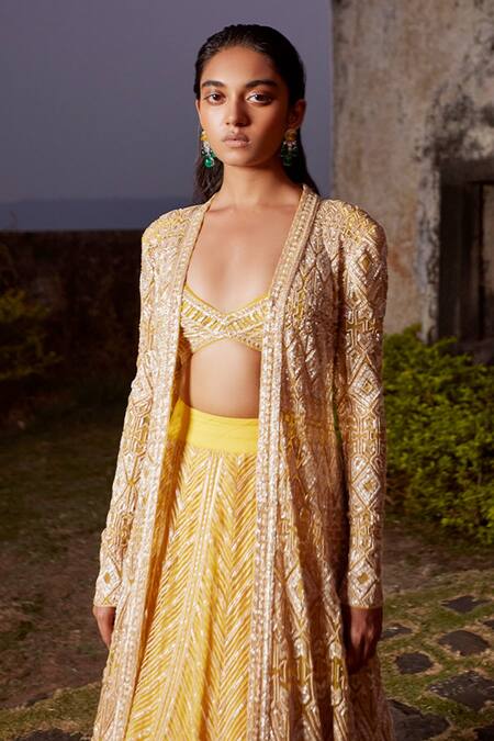 Buy_Ritika Mirchandani_Yellow Net, Crepe And Georgette Resham, Sequin, Thread, Bead, Jacket Lehenga Set _Online_at_Aza_Fashions