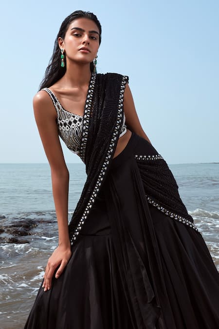 Buy_Ritika Mirchandani_Black Net Embroidery Bead Georgette Lehenga Saree With Blouse  _Online_at_Aza_Fashions