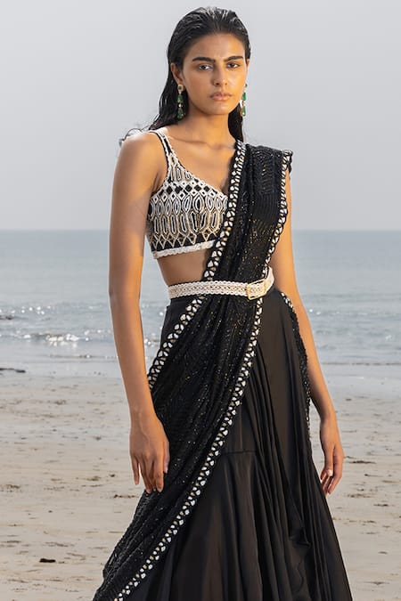 Buy Black Silk Organza Ruffle Lehenga Saree With Floral Blouse For Women by  Varun Chakkilam Online at Aza Fashions.