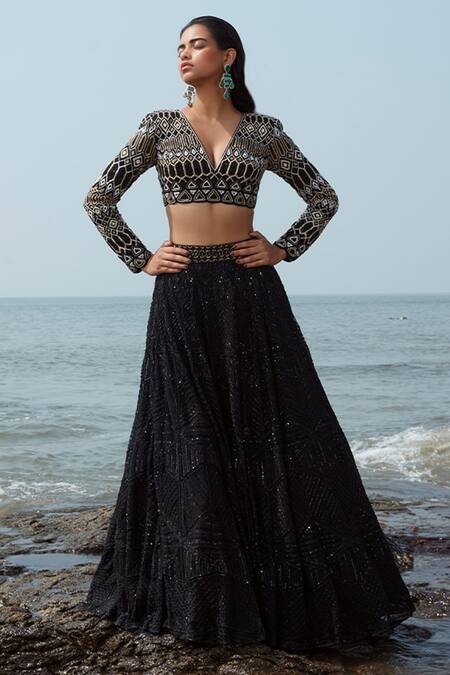 Ritika Mirchandani Black Net, Crepe, Organza And Georgette Resham, Thread, Bead, Dori & Lehenga Set Online at Aza Fashions Ritika Mirchandani_Black Net, Crepe, Organza And Georgette Resham, Thread, Bead, Dori & Lehenga Set _Online_at_Aza_Fashions