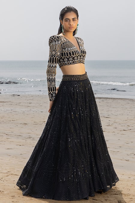 Buy Ritika Mirchandani Black Net, Crepe, Organza And Georgette Resham, Thread, Bead, Dori & Lehenga Set Online at Aza Fashions Buy_Ritika Mirchandani_Black Net, Crepe, Organza And Georgette Resham, Thread, Bead, Dori & Lehenga Set _Online_at_Aza_Fashions
