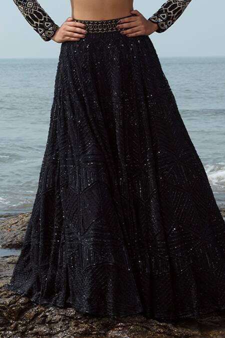 Shop Ritika Mirchandani Black Net, Crepe, Organza And Georgette Resham, Thread, Bead, Dori & Lehenga Set Online at Aza Fashions Shop_Ritika Mirchandani_Black Net, Crepe, Organza And Georgette Resham, Thread, Bead, Dori & Lehenga Set _Online_at_Aza_Fashions