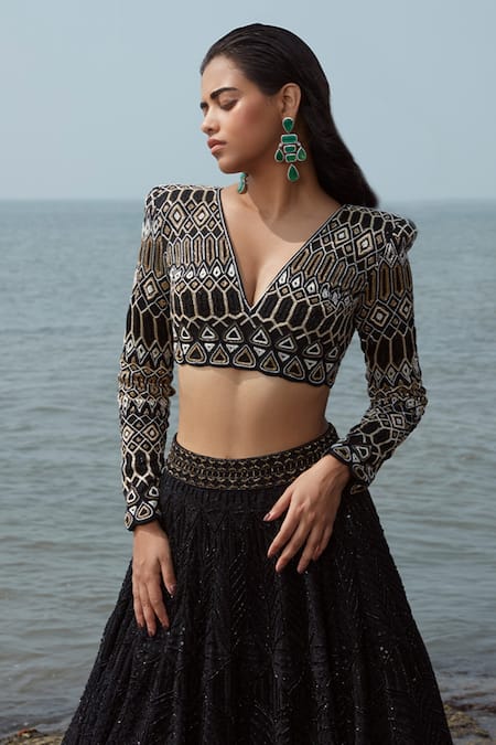 Ritika Mirchandani Black Net, Crepe, Organza And Georgette Resham, Thread, Bead, Dori & Lehenga Set at Aza Fashions Ritika Mirchandani_Black Net, Crepe, Organza And Georgette Resham, Thread, Bead, Dori & Lehenga Set _at_Aza_Fashions